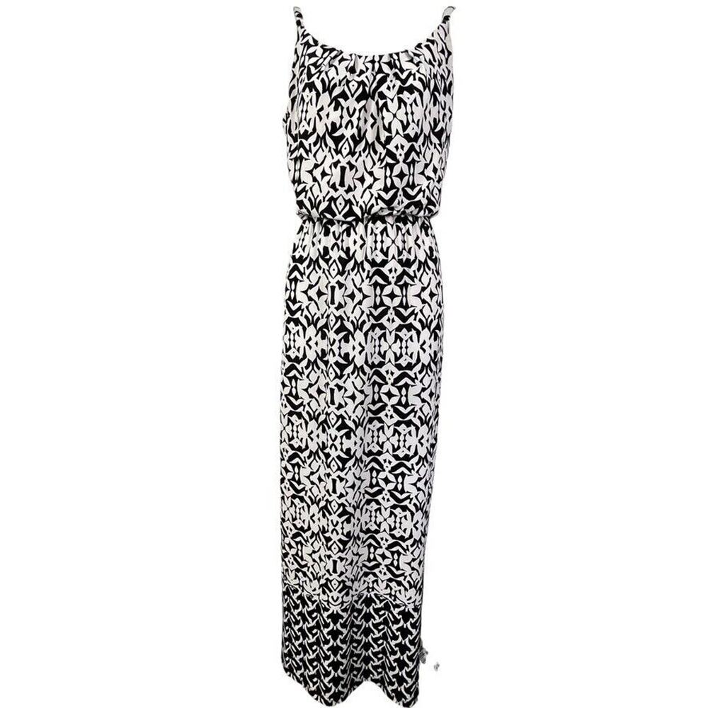 Ab Studio Womens Blouson Black White Print Jersey Knit Stretch Maxi Dress sz M